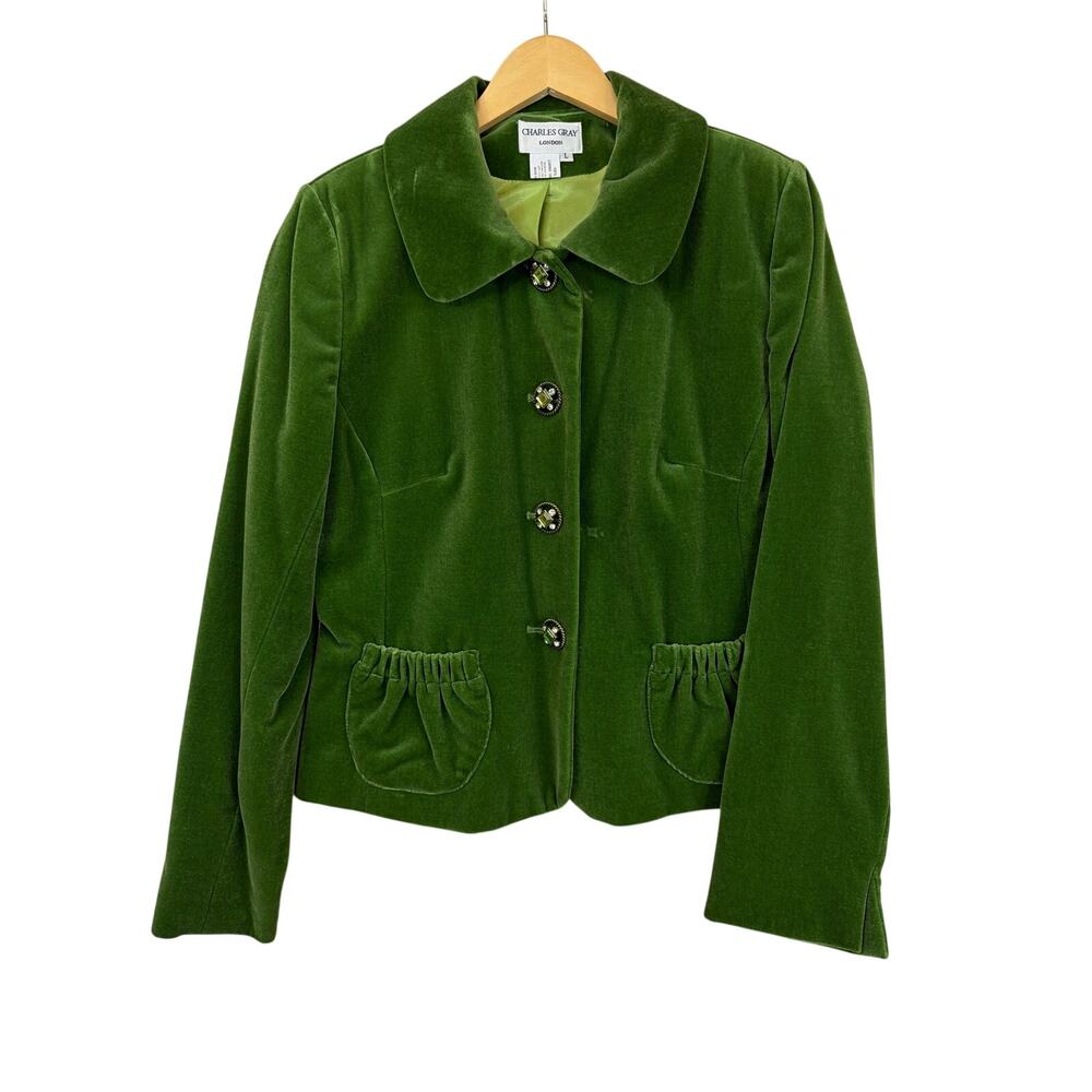 NWT Charles Gray London Velvet  Blazer Green Bedazzled Button-Up Jacket Large
